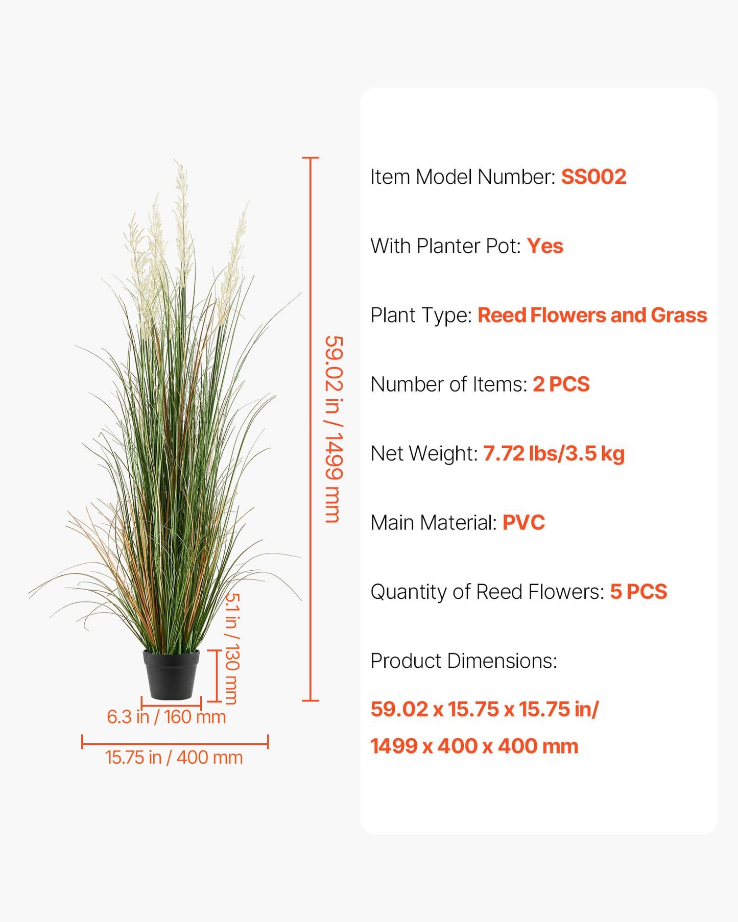 Artificial Grass Plant, 2 Pack 1499mm Faux Reed Flower Grass in Pot, Premium PVC Fake Greenery Shrubs Plant for Indoor Outdoor House Home Garden Office Room Décor, Housewarming, Green