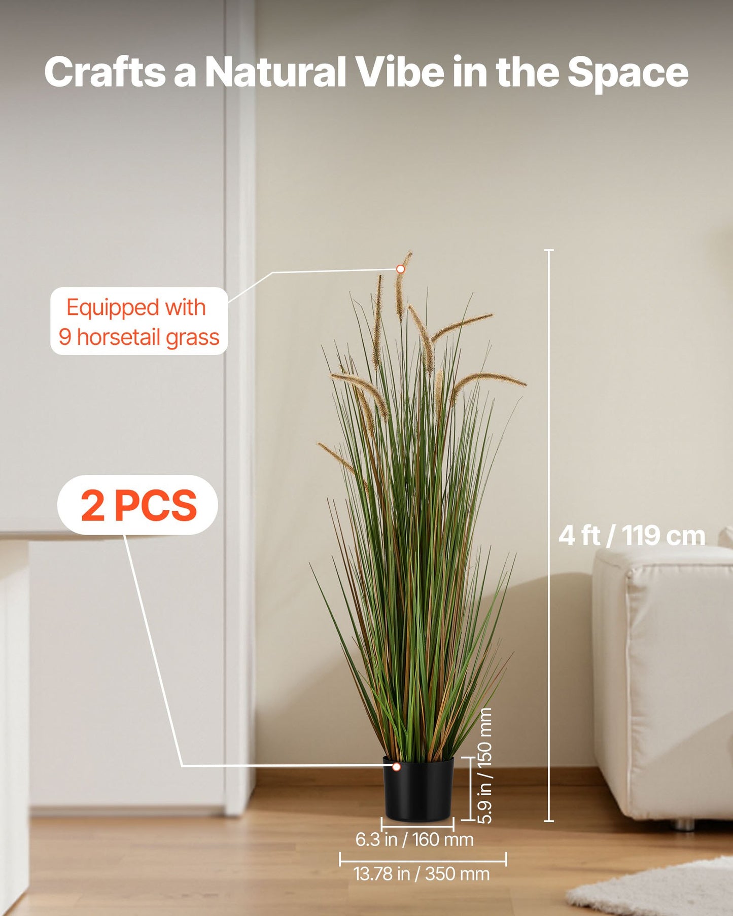 Artificial Grass Plant, 2 Pack 1194mm Horsetail Reed Grass in Pot, Premium PVC Faux Fake Greenery Shrubs Plant for Indoor Outdoor House Home Garden Office Room Décor, Housewarming, Green