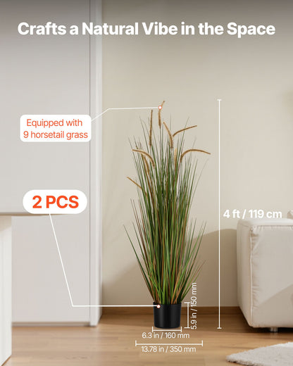 Artificial Grass Plant, 2 Pack 1194mm Horsetail Reed Grass in Pot, Premium PVC Faux Fake Greenery Shrubs Plant for Indoor Outdoor House Home Garden Office Room Décor, Housewarming, Green