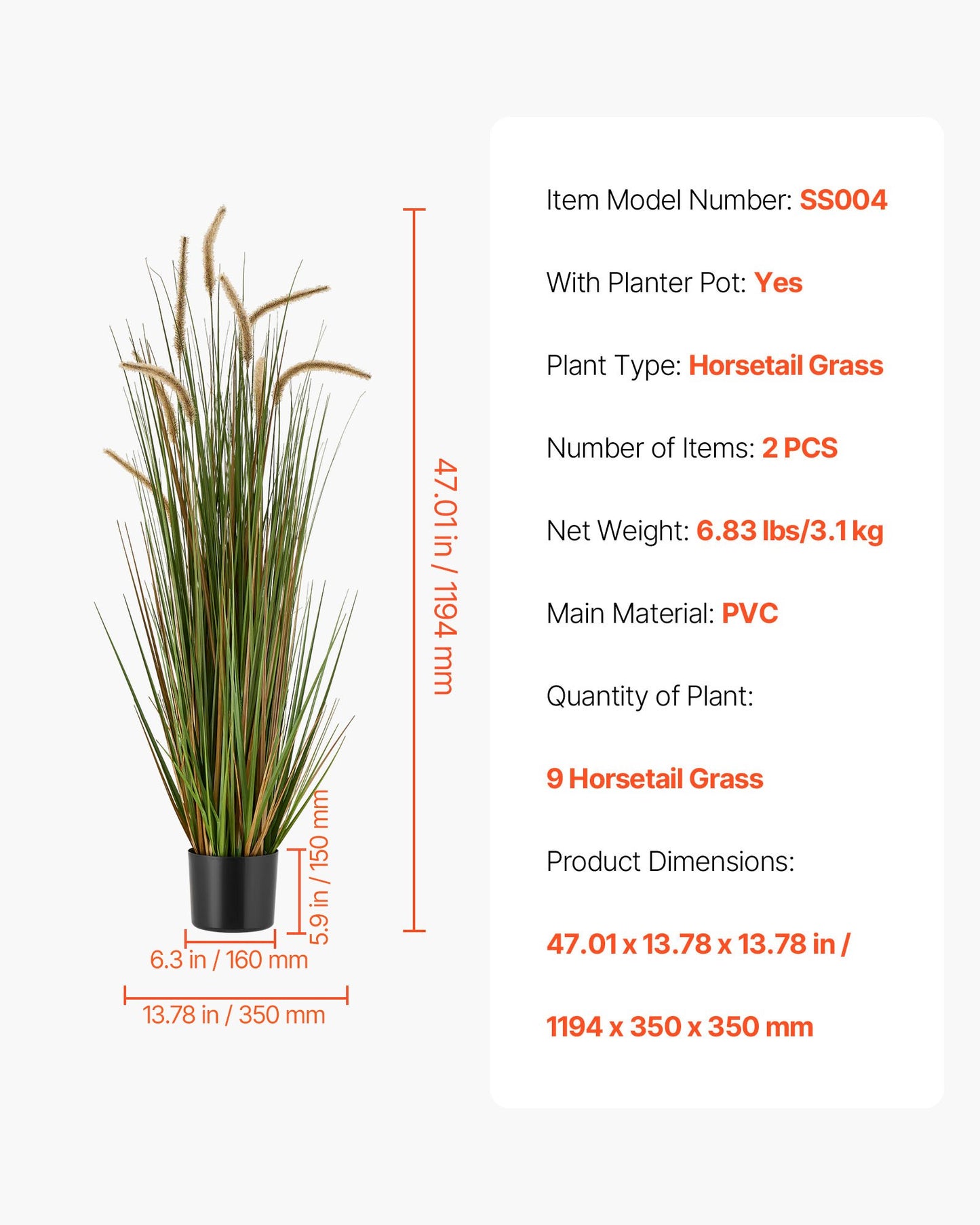 Artificial Grass Plant, 2 Pack 1194mm Horsetail Reed Grass in Pot, Premium PVC Faux Fake Greenery Shrubs Plant for Indoor Outdoor House Home Garden Office Room Décor, Housewarming, Green