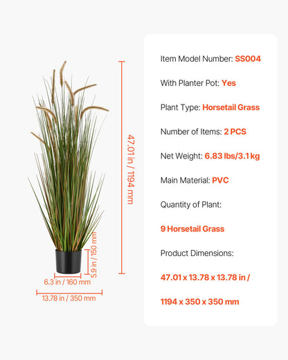 Artificial Grass Plant, 2 Pack 1194mm Horsetail Reed Grass in Pot, Premium PVC Faux Fake Greenery Shrubs Plant for Indoor Outdoor House Home Garden Office Room Décor, Housewarming, Green