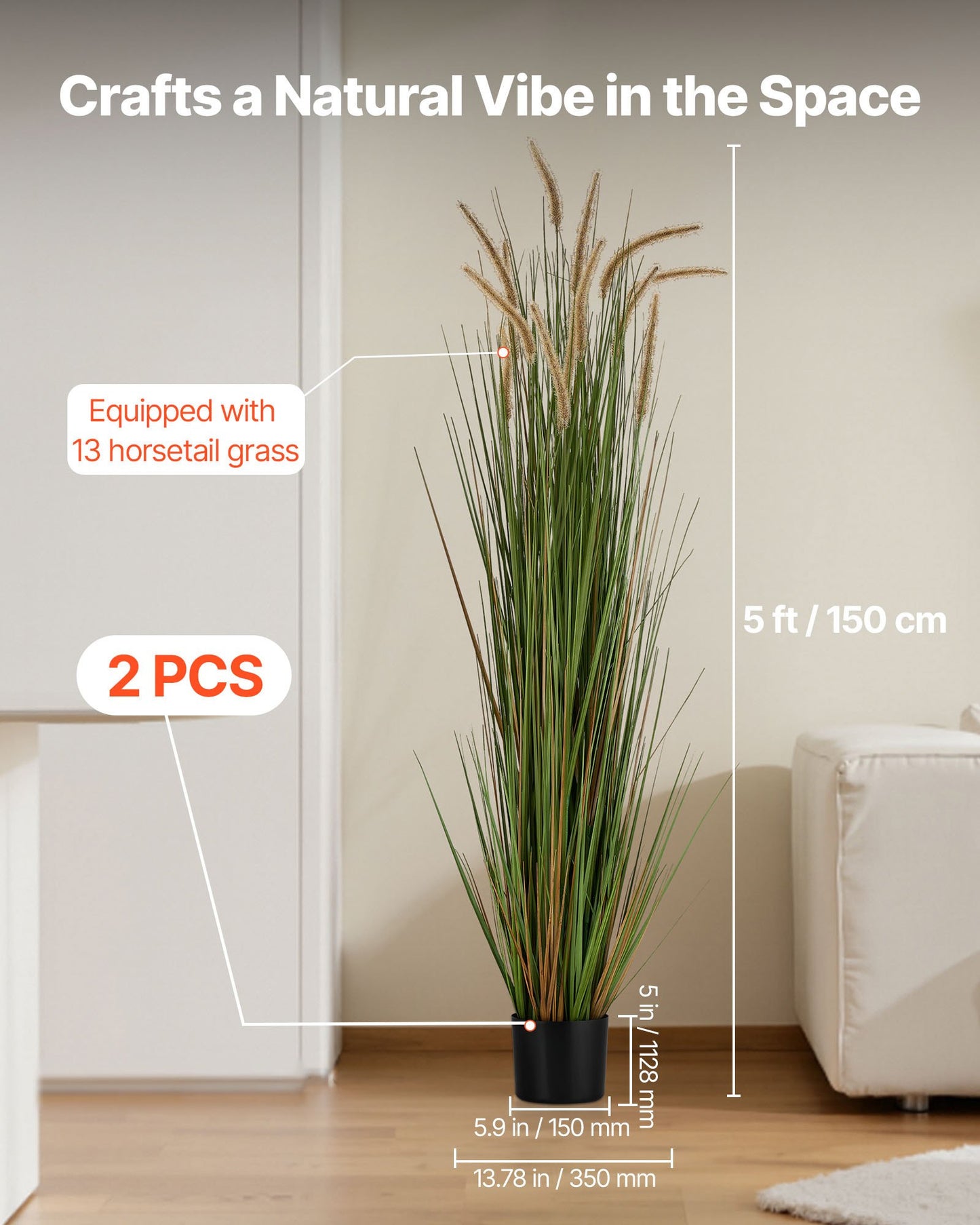 Artificial Grass Plant, 2 Pack 1499mm Horsetail Reed Grass in Pot, Premium PVC Faux Fake Greenery Shrubs Plant for Indoor Outdoor House Home Garden Office Room Décor, Housewarming, Green