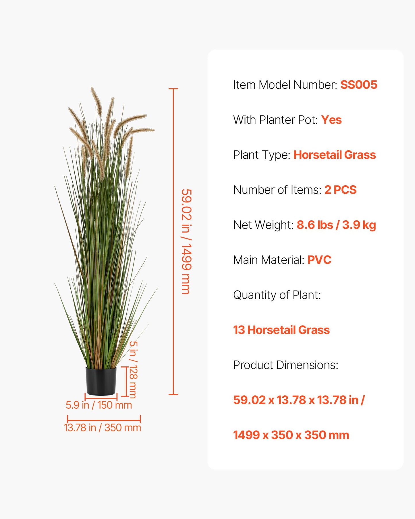 Artificial Grass Plant, 2 Pack 1499mm Horsetail Reed Grass in Pot, Premium PVC Faux Fake Greenery Shrubs Plant for Indoor Outdoor House Home Garden Office Room Décor, Housewarming, Green