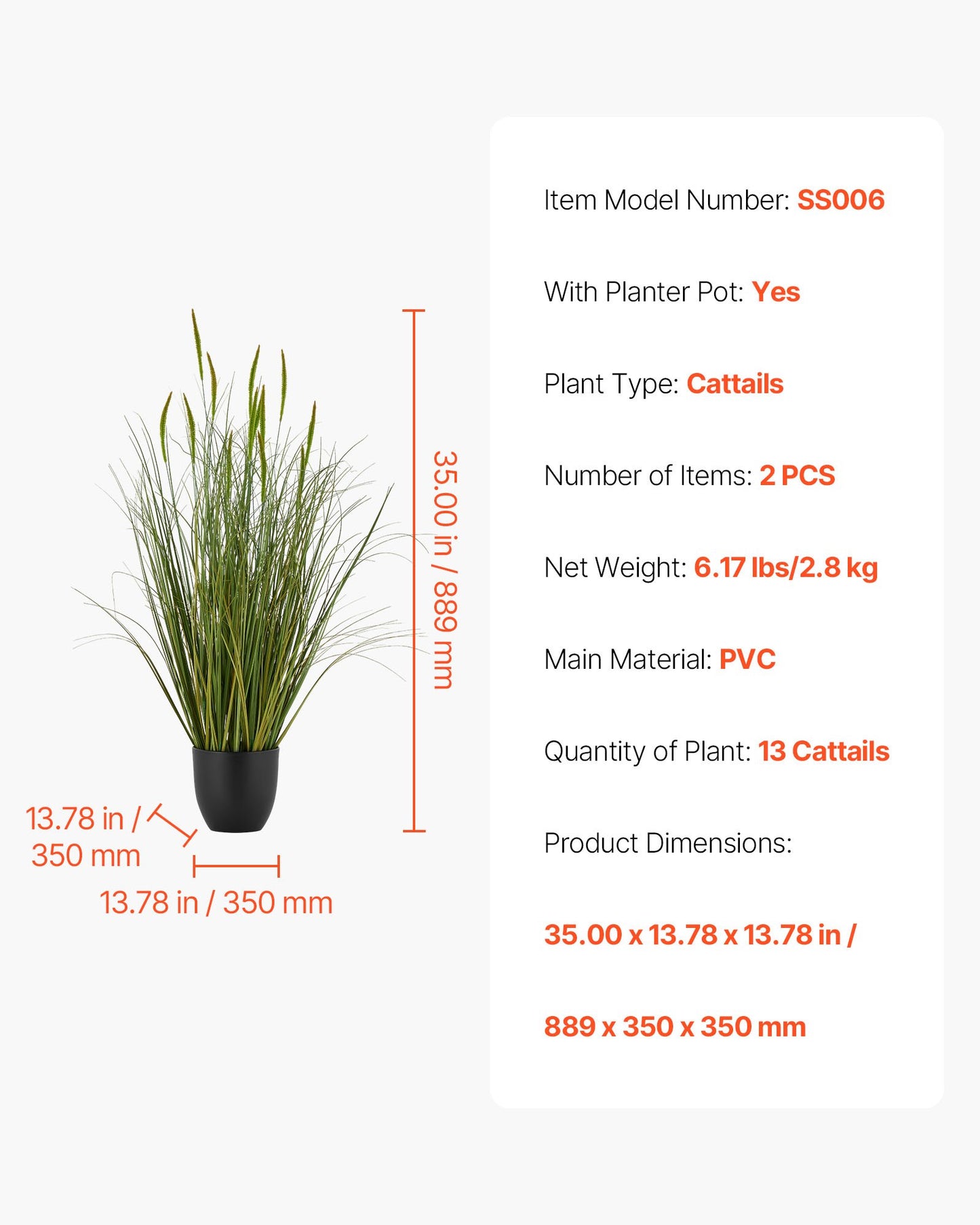 Artificial Grass Plant, 2 Pack 889mm Cattail Grass in Pot, Premium PVC Faux Fake Greenery Shrubs Plant for Indoor Outdoor House Home Garden Office Room Décor, Housewarming, Green