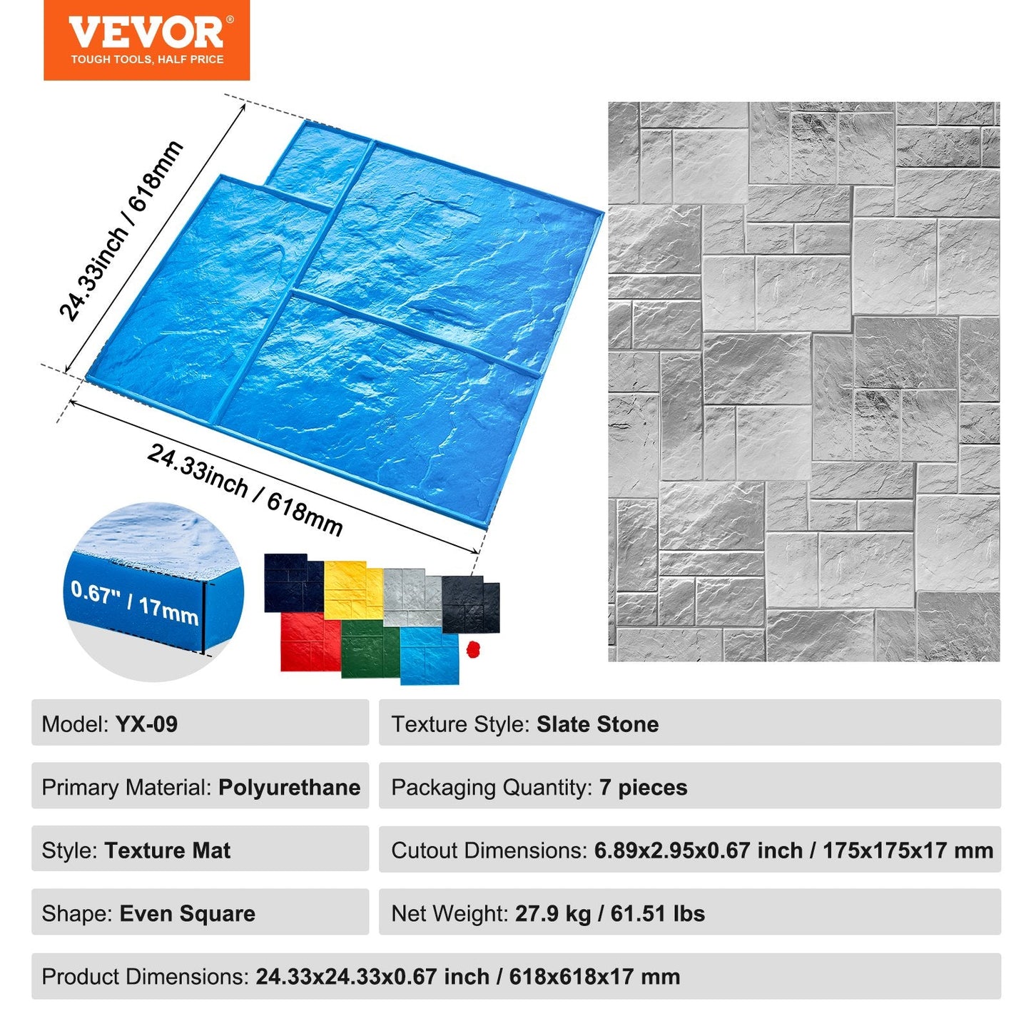 Polyurethane Slate Stone Texture Mats, 7-Piece Set, 0.6m Square, 27.9 kg