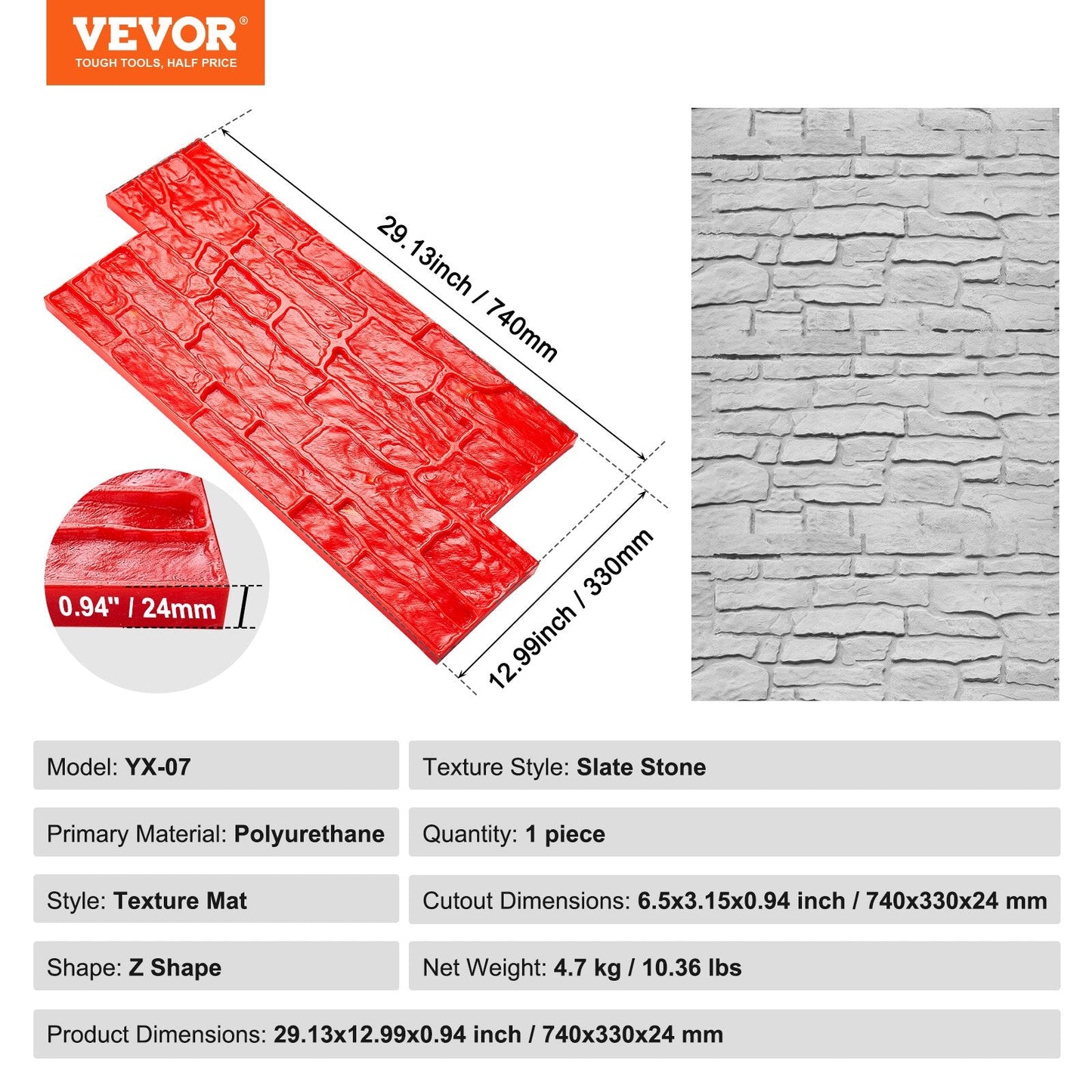 Polyurethane Concrete Texture Mat, Slate Stone, 0.74 x 0.33m, 4.7 kg