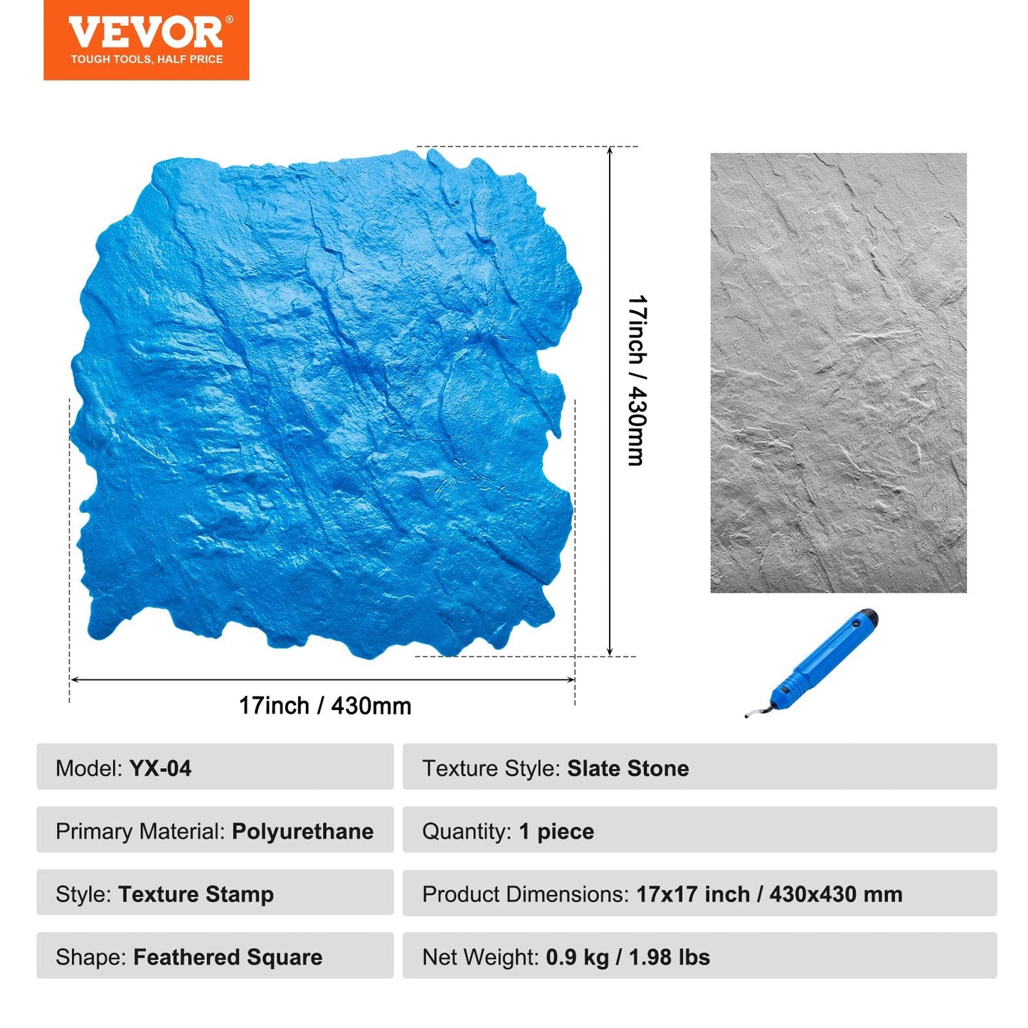 Polyurethane Concrete Texture Mat, Slate Stone Design, 0.43m x 0.43m, 0.9 kg