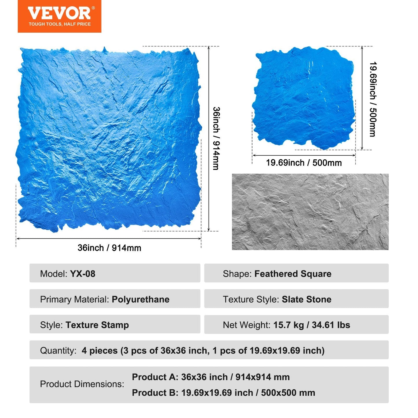 Concrete Stamp Mats Set - 4 Pcs Slate Stone Texture, 0.9m & 0.5m, Polyurethane