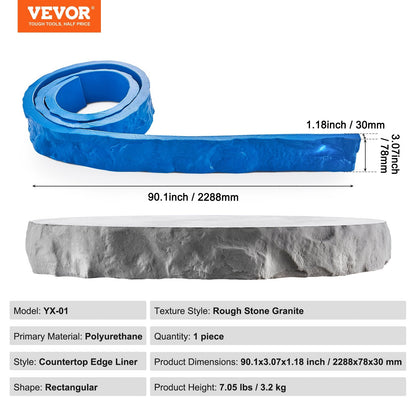 Rectangular Polyurethane Stone Mat, 2.3 x 0.08 m, Rough Granite Texture