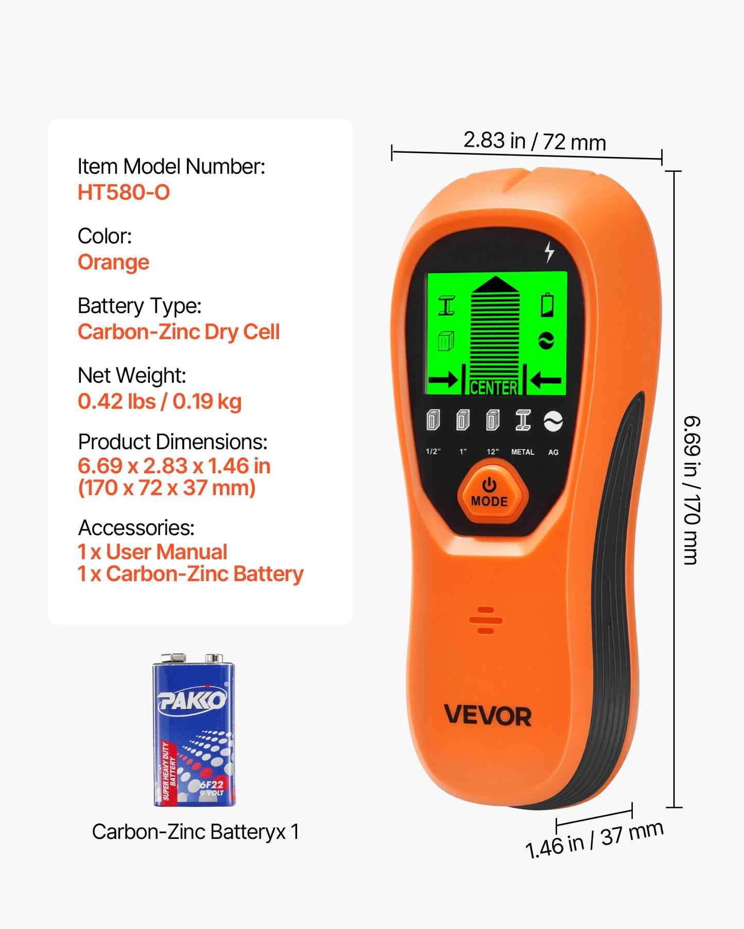 Stud Finder Wall Scanner, 5 in 1, Electronic Wall Stud Detector with Smart Sensor, High-Definition LCD Display and Audio Alarm, for the Center and Edge of Metal, AC Wire, Joists, Pipes, Orange