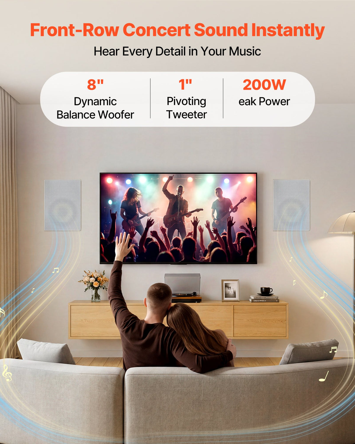 In-Wall Speakers, 203.2mm, In Wall Speaker System with Paintable Grille, Hi-Fi Sound, 200W Peak, 2-Way Rectangular Speakers, for Damp Humid Indoor Placement, Bath, Kitchen, Covered Porch, 1 Pair