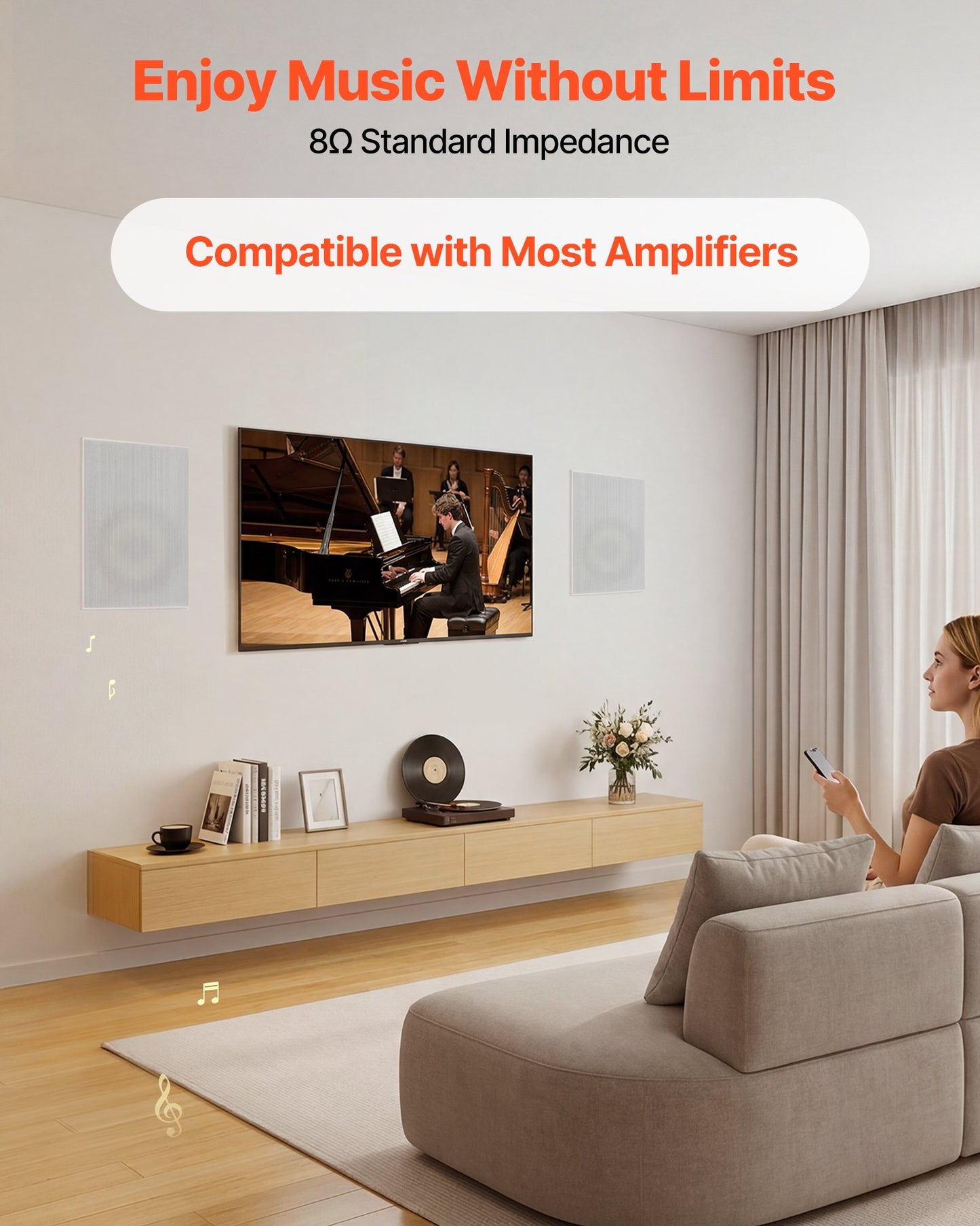 In-Wall Speakers, 203.2mm, In Wall Speaker System with Paintable Grille, Hi-Fi Sound, 200W Peak, 2-Way Rectangular Speakers, for Damp Humid Indoor Placement, Bath, Kitchen, Covered Porch, 1 Pair