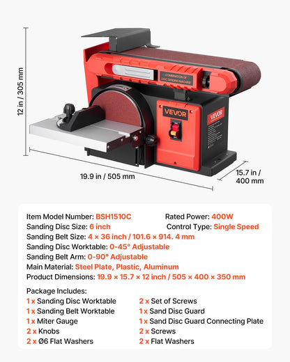 152.4mm Disc Sander & 101.6mm x 914.4mm Belt Sander, 400W Professional Belt Disc Sanders Combo with 0 - 45° Adjustable Worktable, Dust Collection Port for Woodworking & DIY Crafting