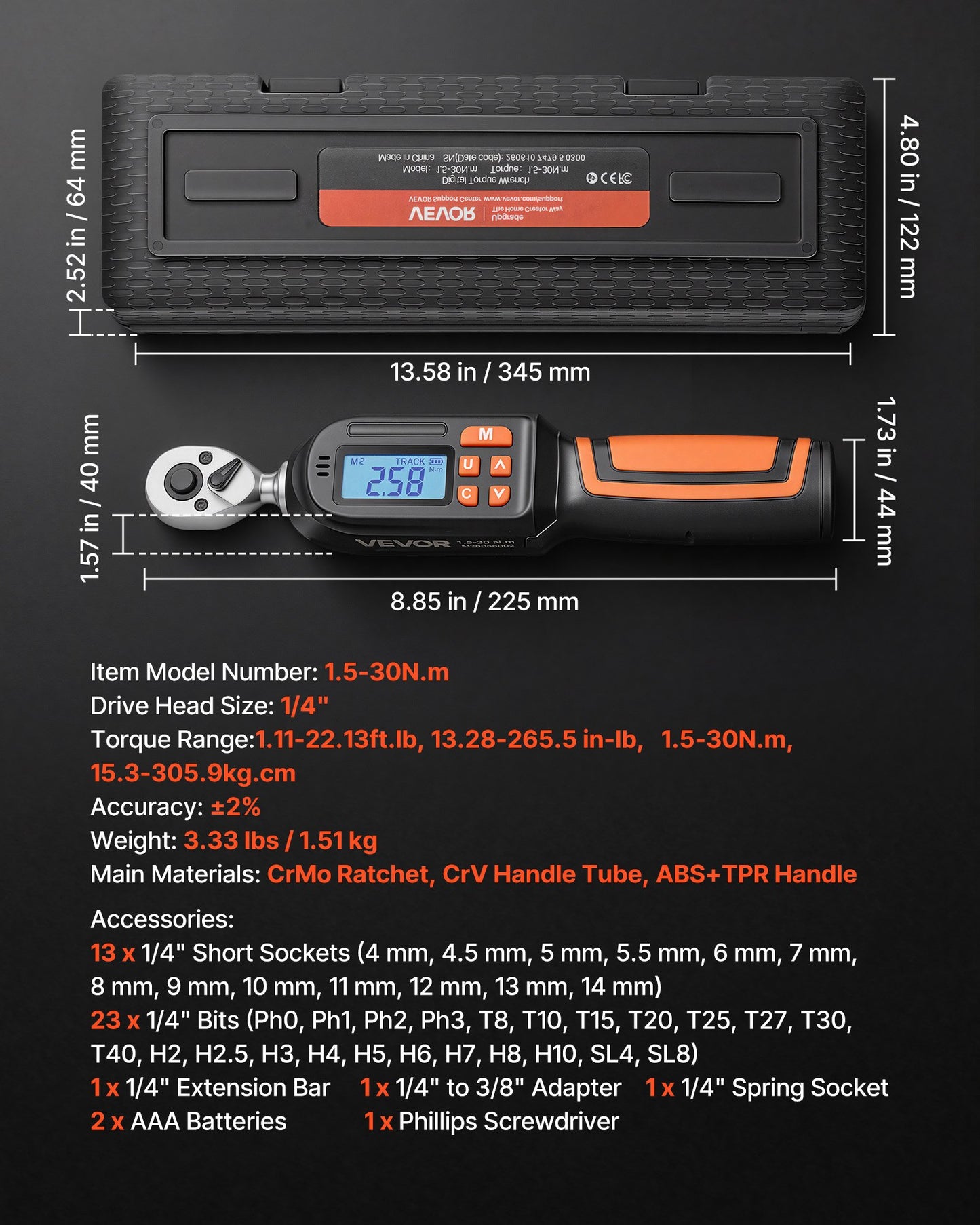 Torque Wrench Set 1/4" Drive 42-Piece Digital Torque Wrench 4 Units, ±2% Accuracy, LCD Screen, with Buzzer and LED Indicator, with Sockets, Bits, Extension Bar, Adapter, for Automotive Repair