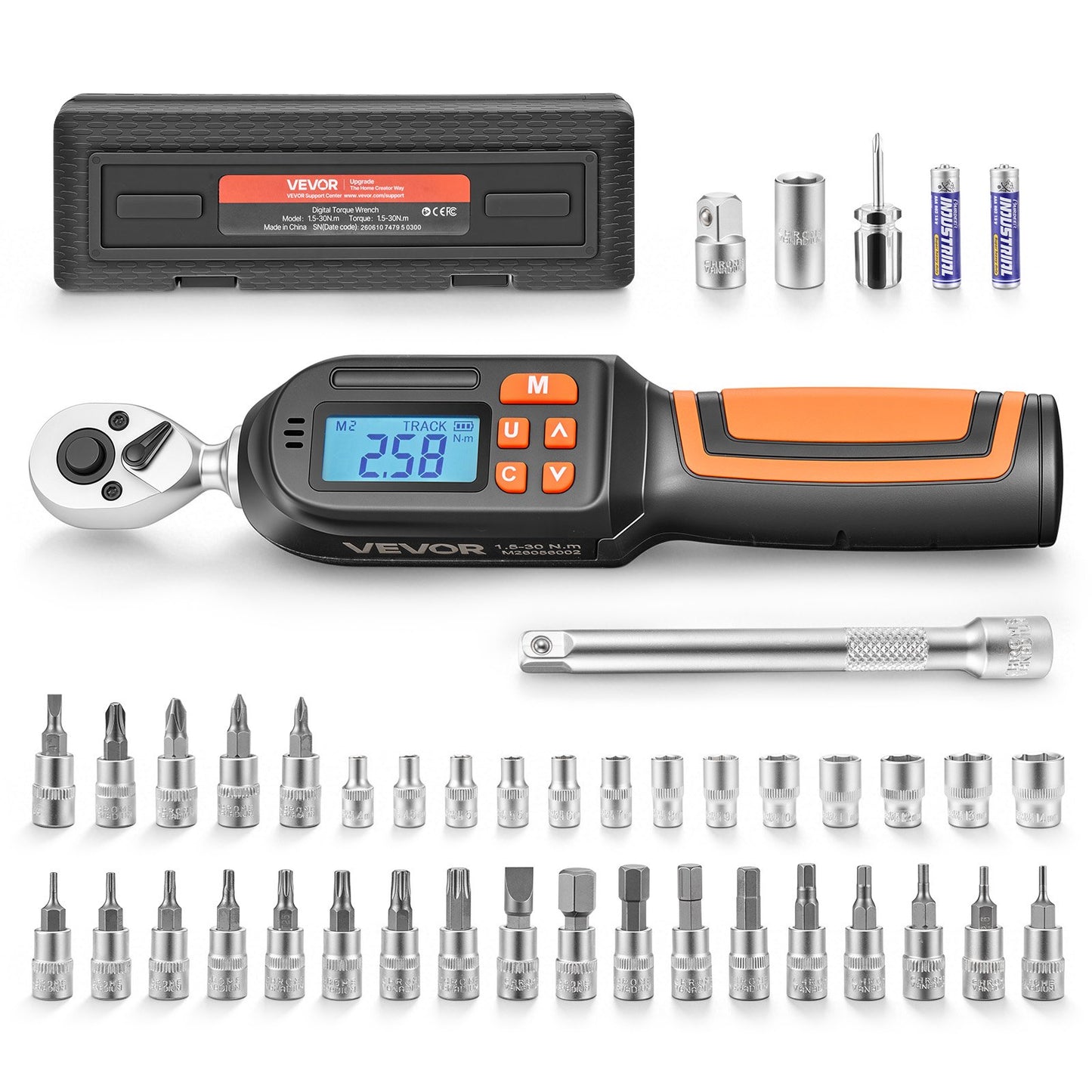 Torque Wrench Set 1/4" Drive 42-Piece Digital Torque Wrench 4 Units, ±2% Accuracy, LCD Screen, with Buzzer and LED Indicator, with Sockets, Bits, Extension Bar, Adapter, for Automotive Repair