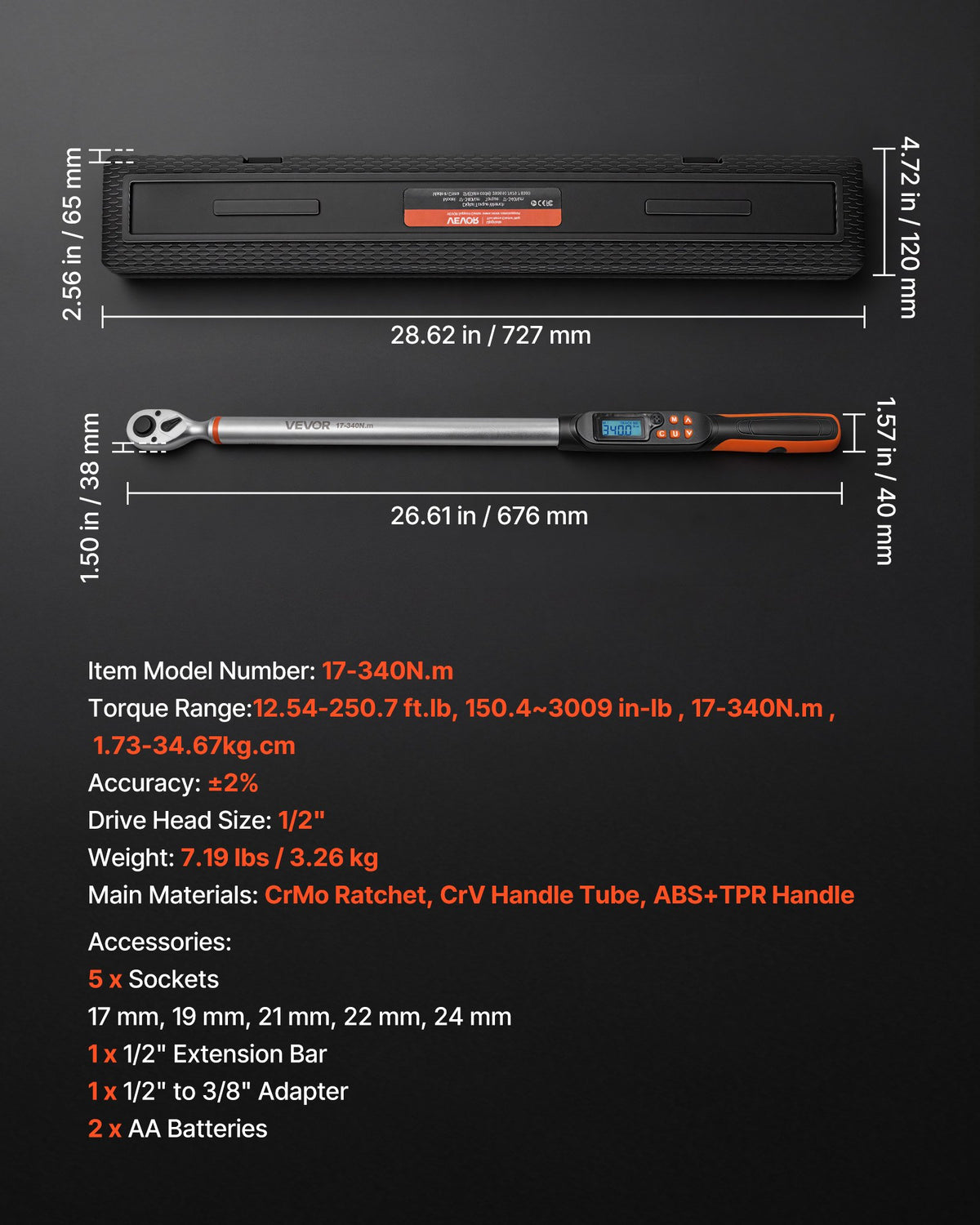 Torque Wrench Set 1/2" Drive Digital Torque Wrench 4 Display Units, ±2% Accuracy, LCD Screen, with Buzzer and LED Indicator, with Sockets, Extension Bar, Adapter, for Automotive Repair