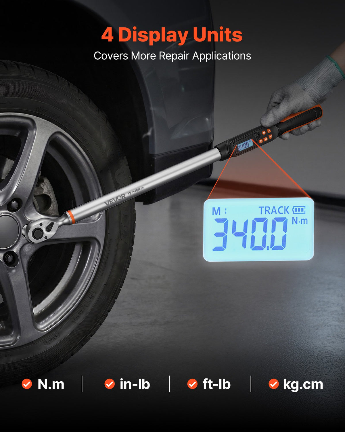 Torque Wrench Set 1/2" Drive Digital Torque Wrench 4 Display Units, ±2% Accuracy, LCD Screen, with Buzzer and LED Indicator, with Sockets, Extension Bar, Adapter, for Automotive Repair