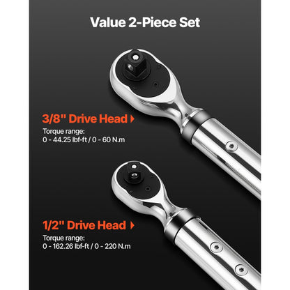 VEVOR Digital Torque Wrench Set 2 Pieces 1/2 3/8 Inch Drive 72-Tooth Electronic