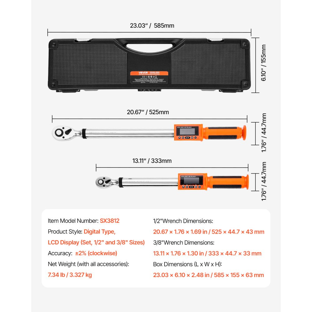 VEVOR Digital Torque Wrench Set 2 Pieces 1/2 3/8 Inch Drive 72-Tooth Electronic