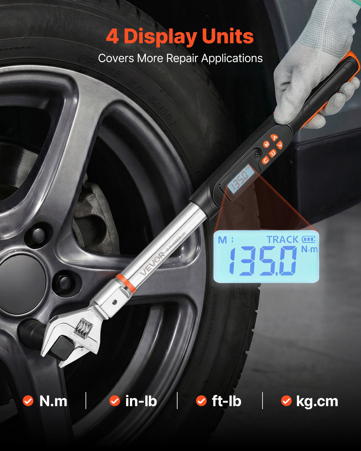 Torque Wrench 0-38 mm Adjustable Jaw Opening Digital Torque Wrench, Open-End Jaw, 4 Display Units, ±2% Accuracy, LCD Screen, with Buzzer and LED Indicator, for Pipe and Automotive Repair