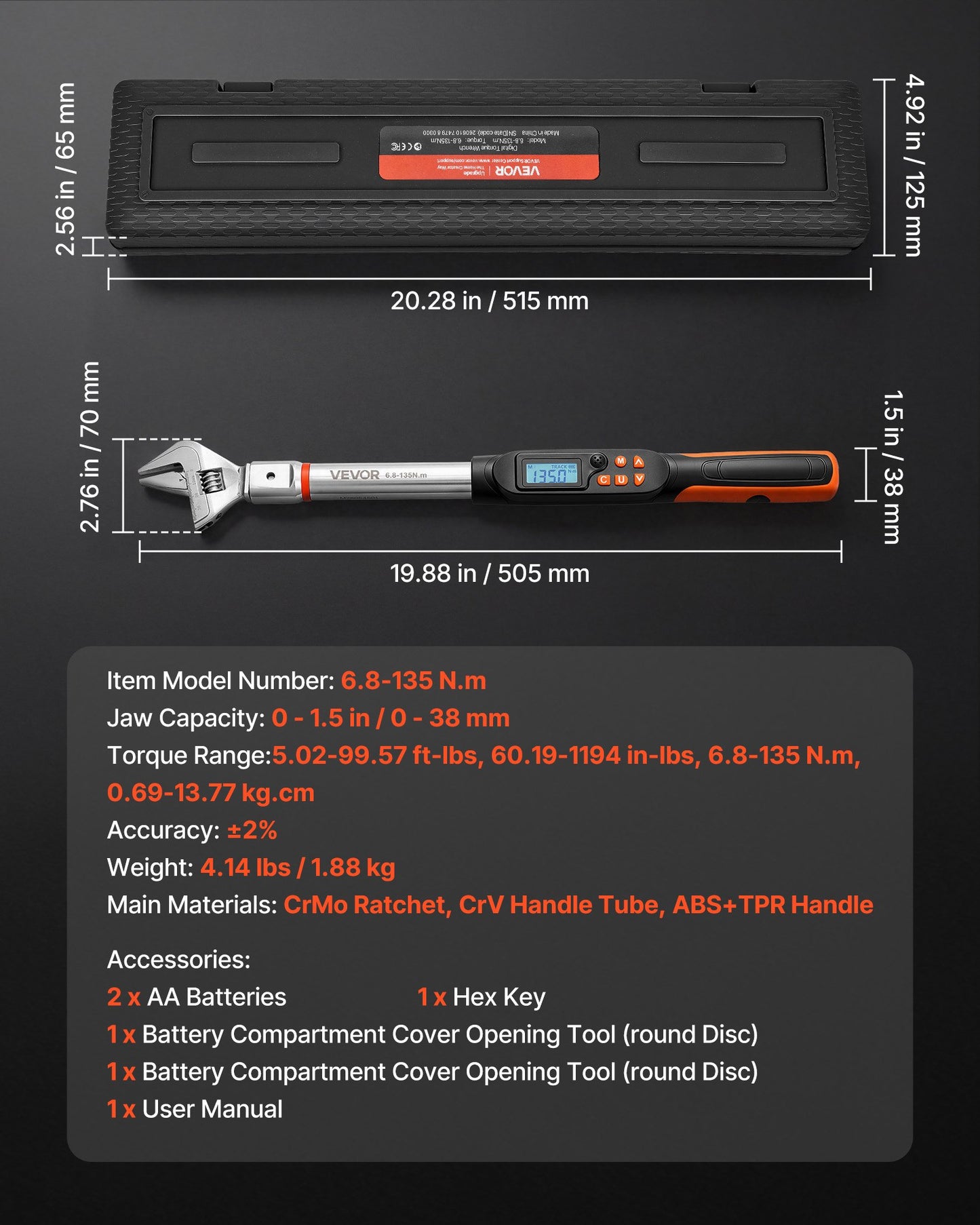 Torque Wrench 0-38 mm Adjustable Jaw Opening Digital Torque Wrench, Open-End Jaw, 4 Display Units, ±2% Accuracy, LCD Screen, with Buzzer and LED Indicator, for Pipe and Automotive Repair
