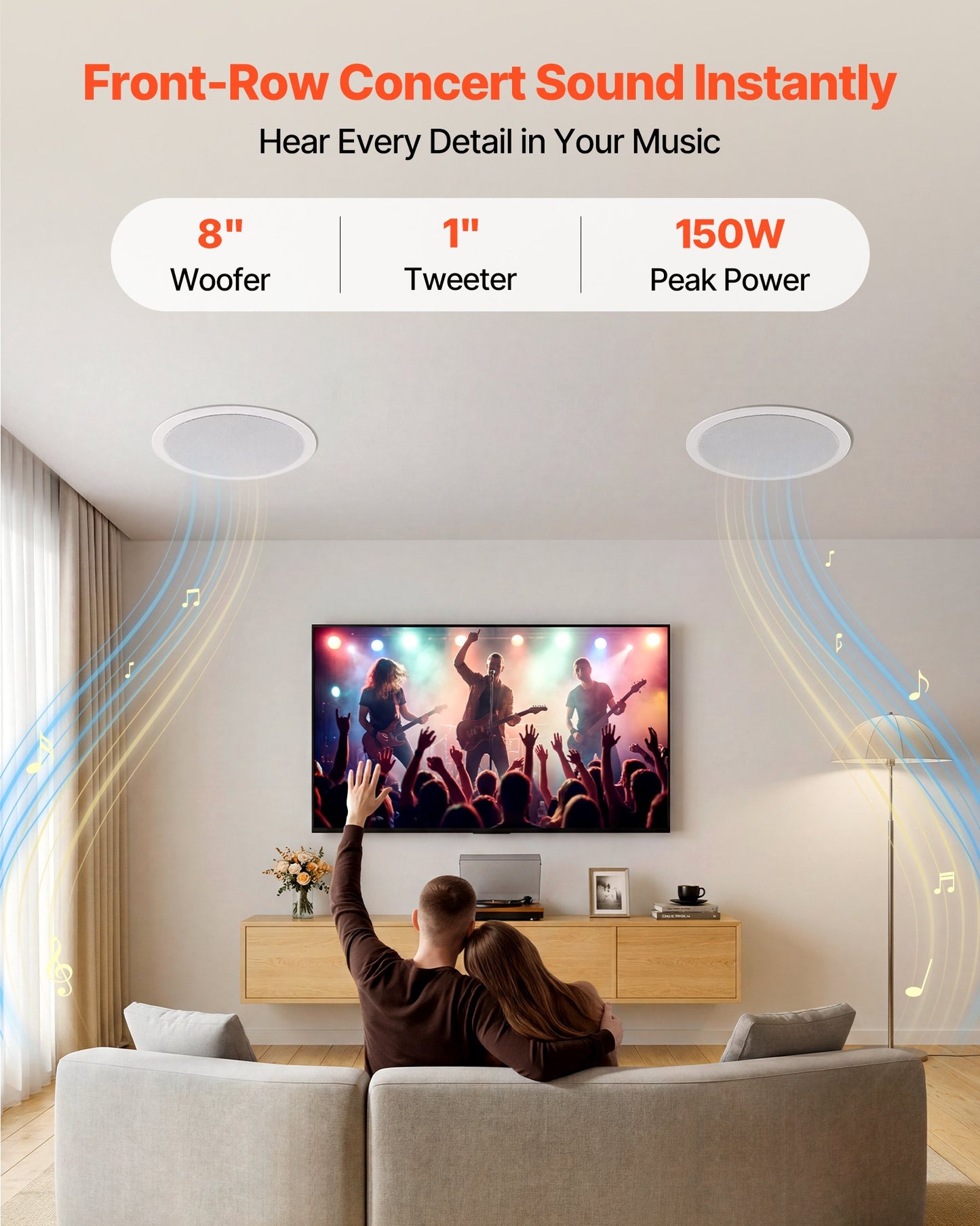 In Ceiling Speakers, 203.2 mm, In-Ceiling & In-Wall Speaker System, Hi-Fi Sound, 150W Peak, 2-Way Flush Mount Speakers, for Damp Humid Placement, Home Theater, Living Room, Covered Patio, 1 Pair