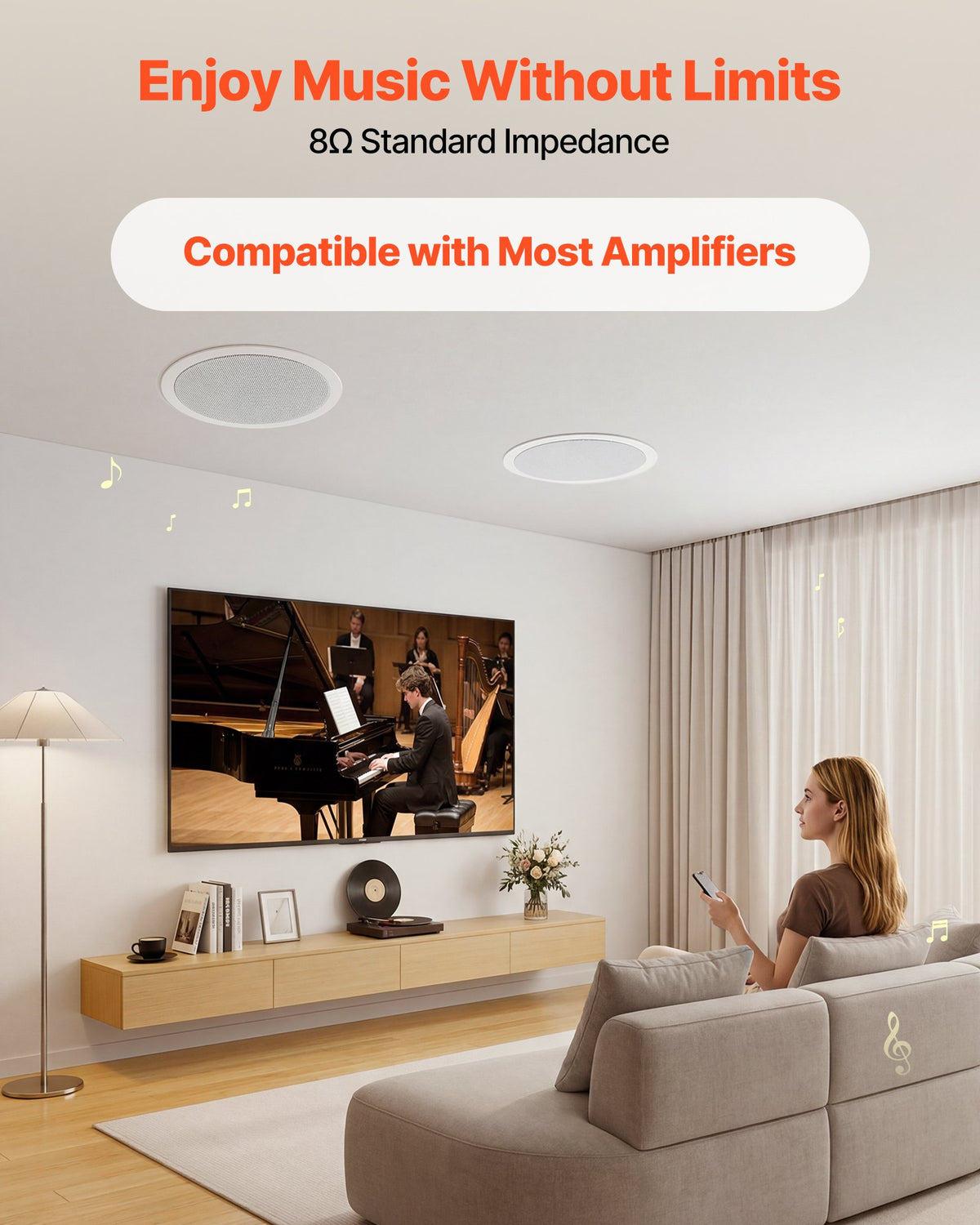 In Ceiling Speakers, 203.2 mm, In-Ceiling & In-Wall Speaker System, Hi-Fi Sound, 150W Peak, 2-Way Flush Mount Speakers, for Damp Humid Placement, Home Theater, Living Room, Covered Patio, 1 Pair