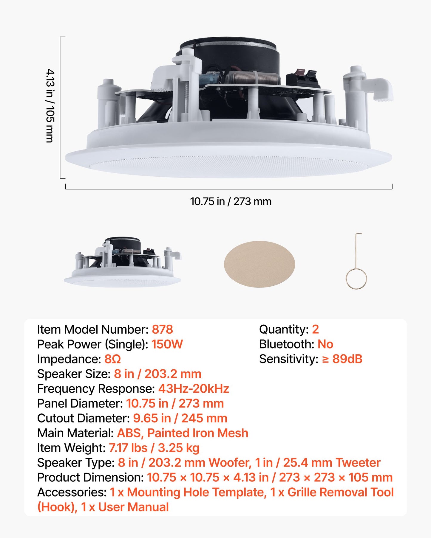 In Ceiling Speakers, 203.2 mm, In-Ceiling & In-Wall Speaker System, Hi-Fi Sound, 150W Peak, 2-Way Flush Mount Speakers, for Damp Humid Placement, Home Theater, Living Room, Covered Patio, 1 Pair