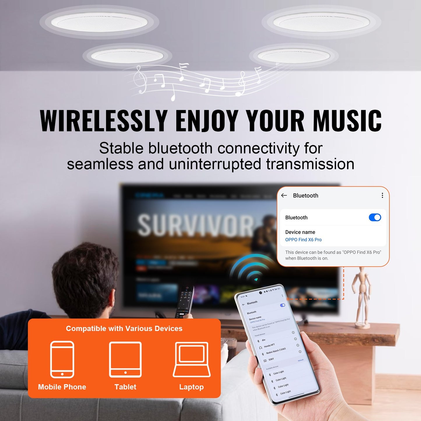 VEVOR 4 PCs 165.1 mm Bluetooth in Ceiling Speakers, 150W, Flush Mount Ceiling &