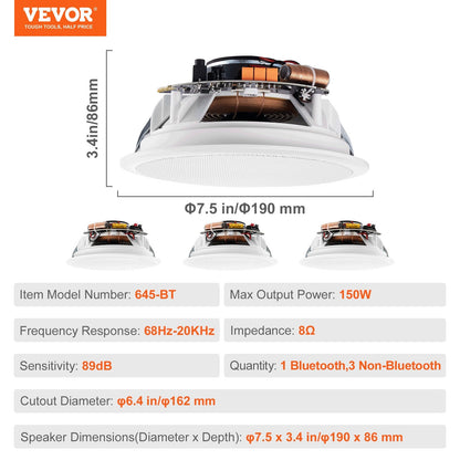 4-Pack 165mm Bluetooth Ceiling Speakers, 150W, for Home & Porch Use