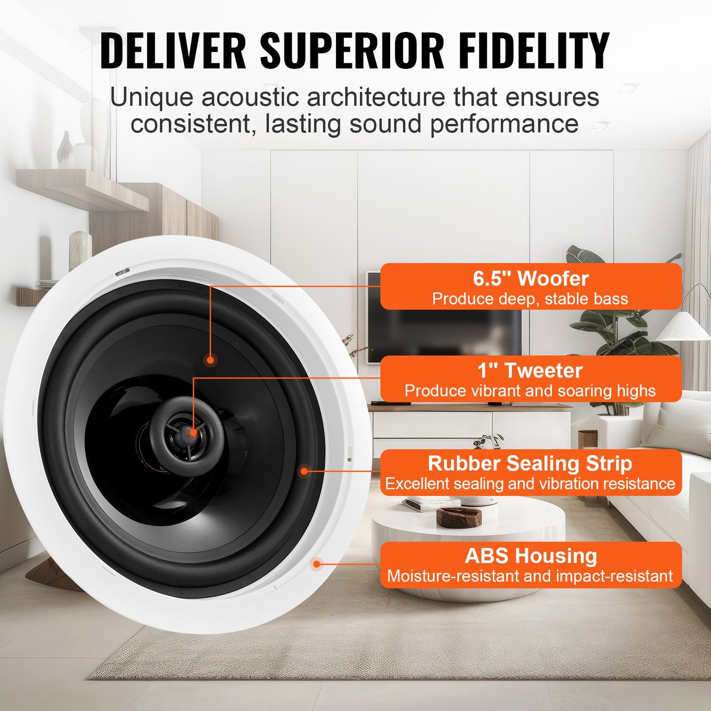 VEVOR 165.1 mm Ceiling Speakers 150-Watts Flush Mount Ceiling & in-Wall Speakers
