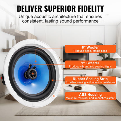 VEVOR 2 PCs 203.2 mm in Ceiling Speakers, 50-Watts, Flush Mount Ceiling & in-Wall