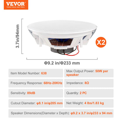 VEVOR 2 PCs 203.2 mm in Ceiling Speakers, 50-Watts, Flush Mount Ceiling & in-Wall