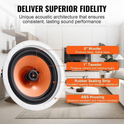4-Piece 8-Inch Ceiling Speakers, 100W, In-Wall/Flush Mount for Home & Outdoors