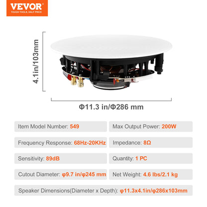 VEVOR 203.2 mm in Ceiling Speakers, 200-Watts, Flush Mount Ceiling & in-Wall Speakers