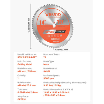 Circular Saw Blade Metal Cutting Blade for Circular Saw 355mm 72 Teeth