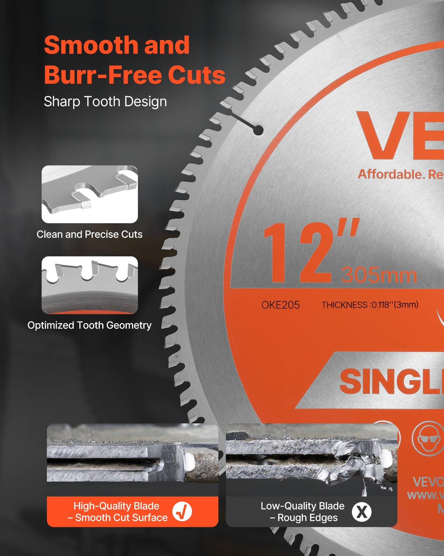 Circular Saw Blade, 305 mm Diameter, 100 Sharp Alloy Teeth, 25.4 mm Arbor, Fine Finish, Aluminum Cutting Blade for Circular Saw, with Noise-Reducing Heat Vents, for Cutting Steel and Metal