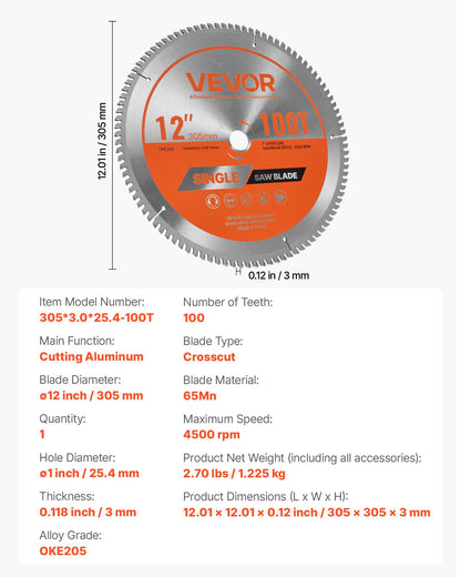Circular Saw Blade, 305 mm Diameter, 100 Sharp Alloy Teeth, 25.4 mm Arbor, Fine Finish, Aluminum Cutting Blade for Circular Saw, with Noise-Reducing Heat Vents, for Cutting Steel and Metal