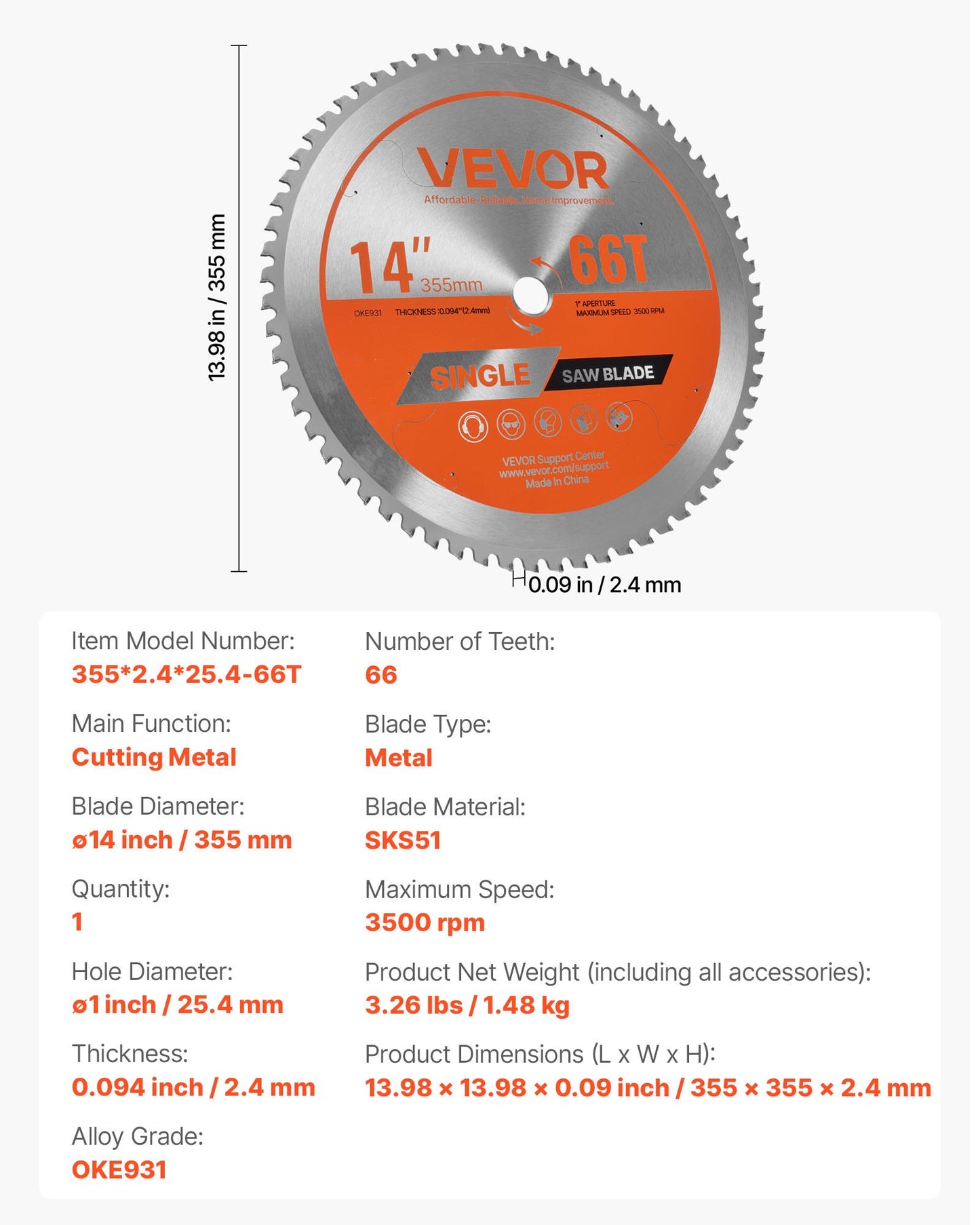 Circular Saw Blade, 355 mm Diameter, 66 Sharp Alloy Teeth, 25.4 mm Arbor, Fine Finish, Metal Cutting Blade for Circular Saw, with Noise-Reducing Heat Vents, for Cutting Steel and Aluminum
