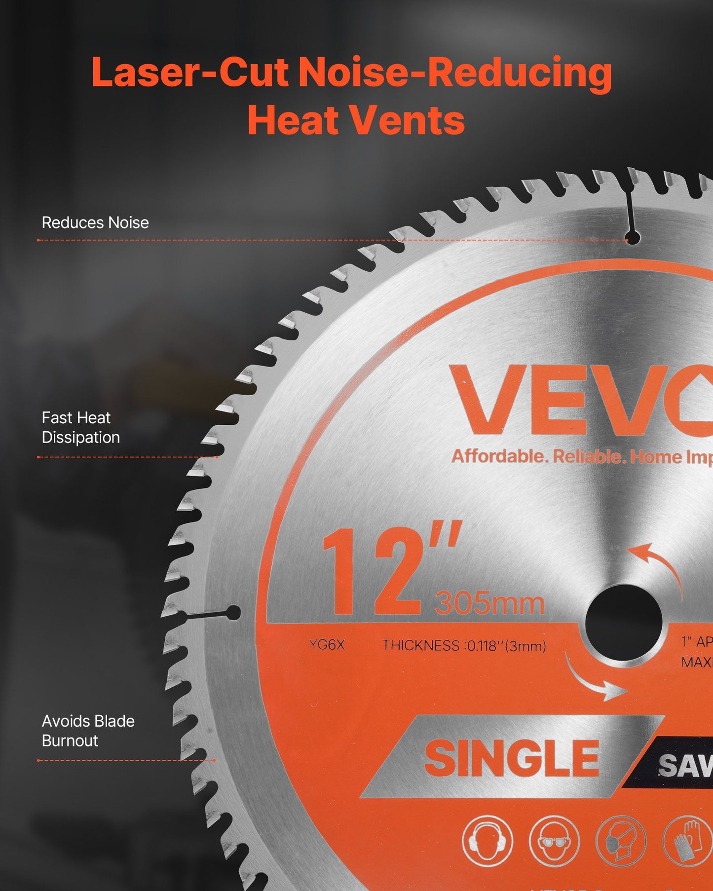 Circular Saw Blade, 305 mm Diameter, 80 Sharp Alloy Teeth, 25.4 mm Arbor, Fine Finish, Wood Cutting Blade for Circular Saw, with Noise-Reducing Heat Vents, for Cutting Plywood, OSB, Hardwood