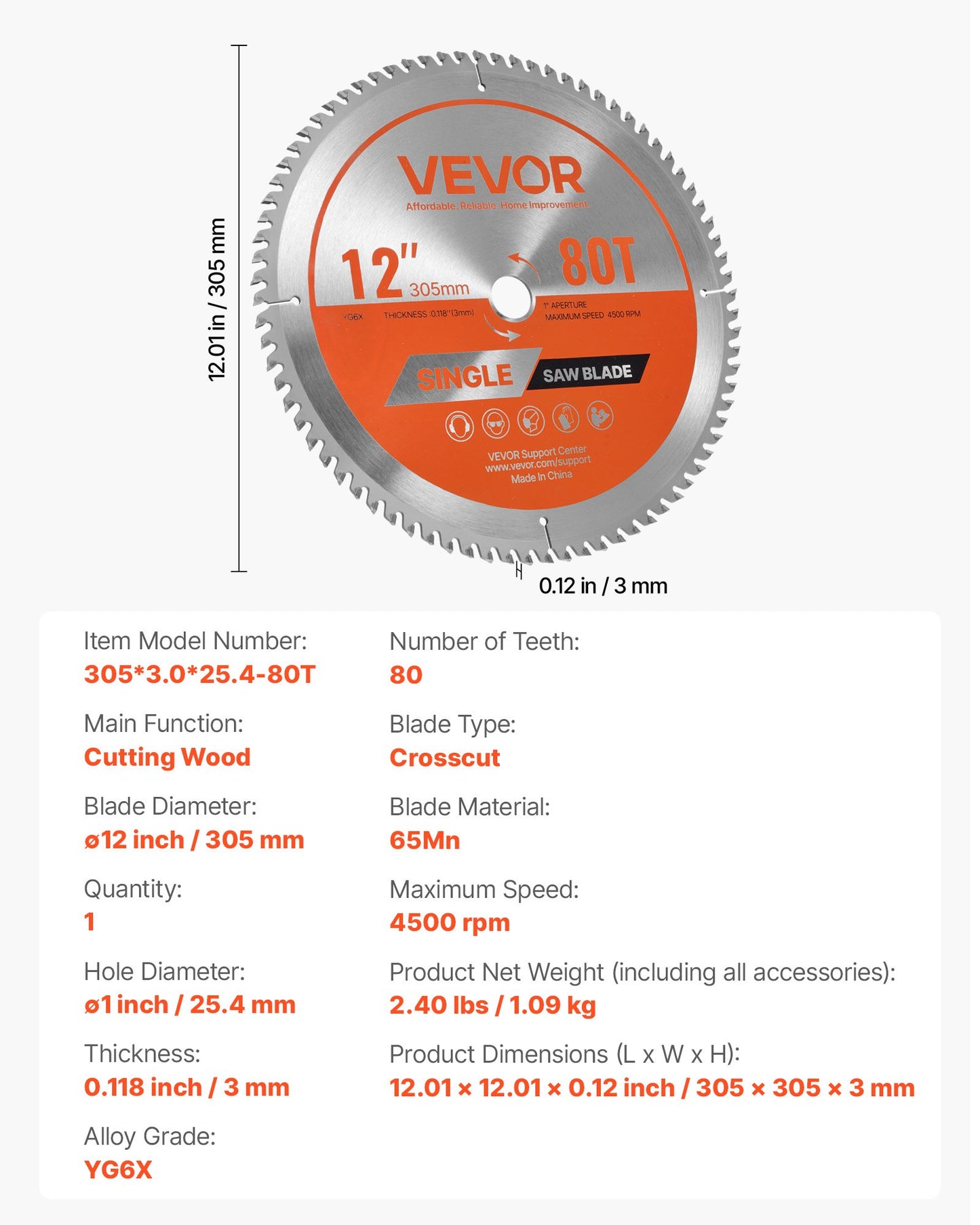 Circular Saw Blade, 305 mm Diameter, 80 Sharp Alloy Teeth, 25.4 mm Arbor, Fine Finish, Wood Cutting Blade for Circular Saw, with Noise-Reducing Heat Vents, for Cutting Plywood, OSB, Hardwood