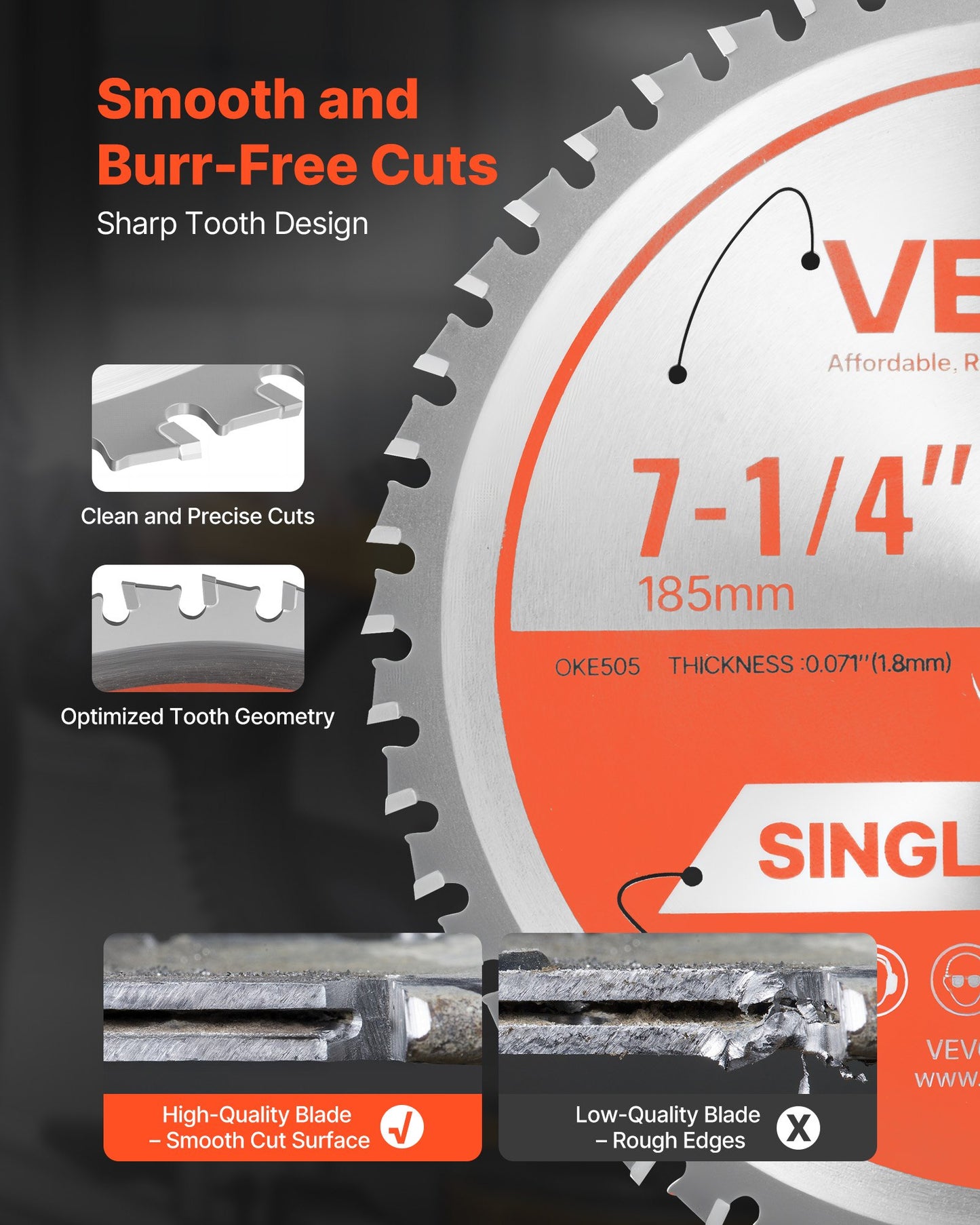 Circular Saw Blade, 185 mm Diameter, 48 Sharp Alloy Teeth, 15.875 mm Arbor, Fine Finish, Metal Cutting Blade for Circular Saw, with Noise-Reducing Heat Vents, for Cutting Steel and Aluminum