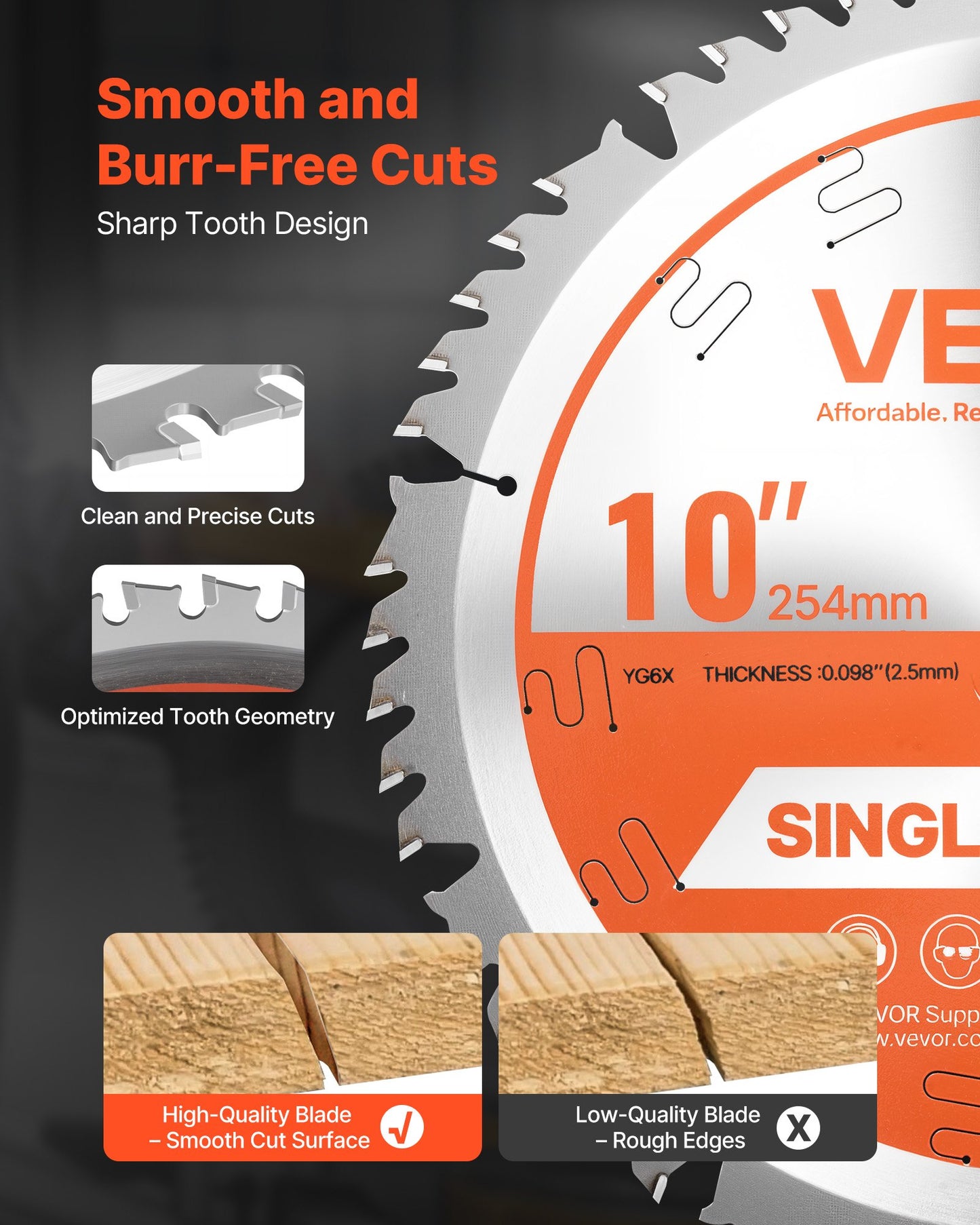 Circular Saw Blade, 254 mm Diameter, 50 Sharp Alloy Teeth, 15.875 mm Arbor, Fine Finish, Wood Cutting Blade for Circular Saw, with Noise-Reducing Heat Vents, for Cutting Plywood, OSB, Hardwood