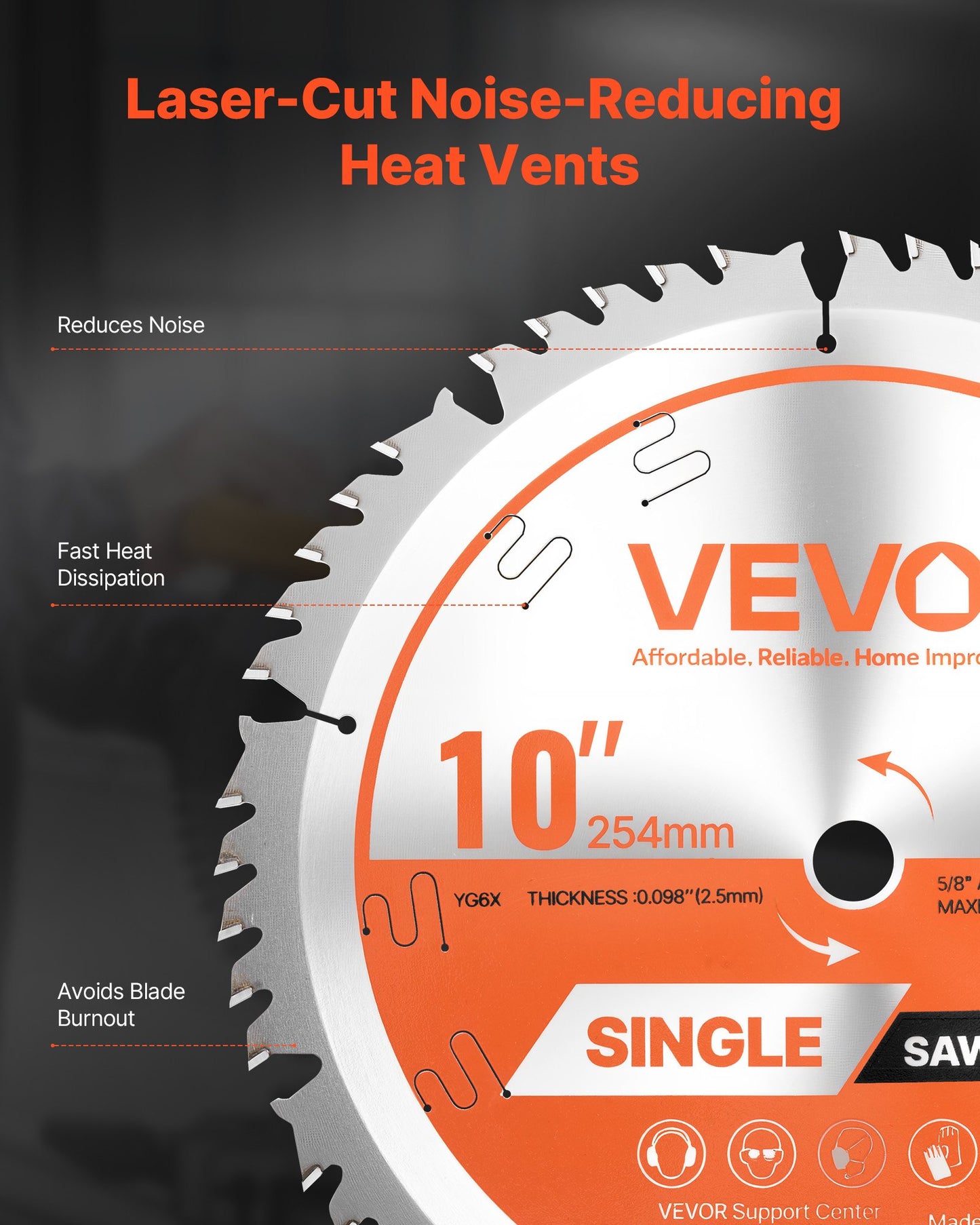 Circular Saw Blade, 254 mm Diameter, 50 Sharp Alloy Teeth, 15.875 mm Arbor, Fine Finish, Wood Cutting Blade for Circular Saw, with Noise-Reducing Heat Vents, for Cutting Plywood, OSB, Hardwood