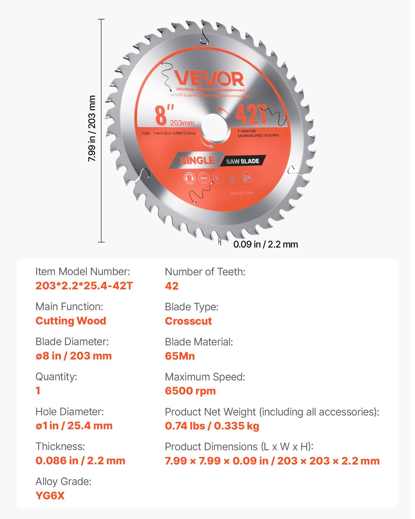 Circular Saw Blade, 203 mm Diameter, 42 Sharp Alloy Teeth, 25.4mm Arbor, Fine Finish, Wood Cutting Blade for Circular Saw, with Noise-Reducing Heat Vents, for Cutting Plywood, OSB, and Hardwood