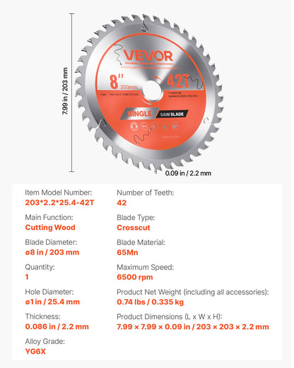 Circular Saw Blade, 203 mm Diameter, 42 Sharp Alloy Teeth, 25.4mm Arbor, Fine Finish, Wood Cutting Blade for Circular Saw, with Noise-Reducing Heat Vents, for Cutting Plywood, OSB, and Hardwood