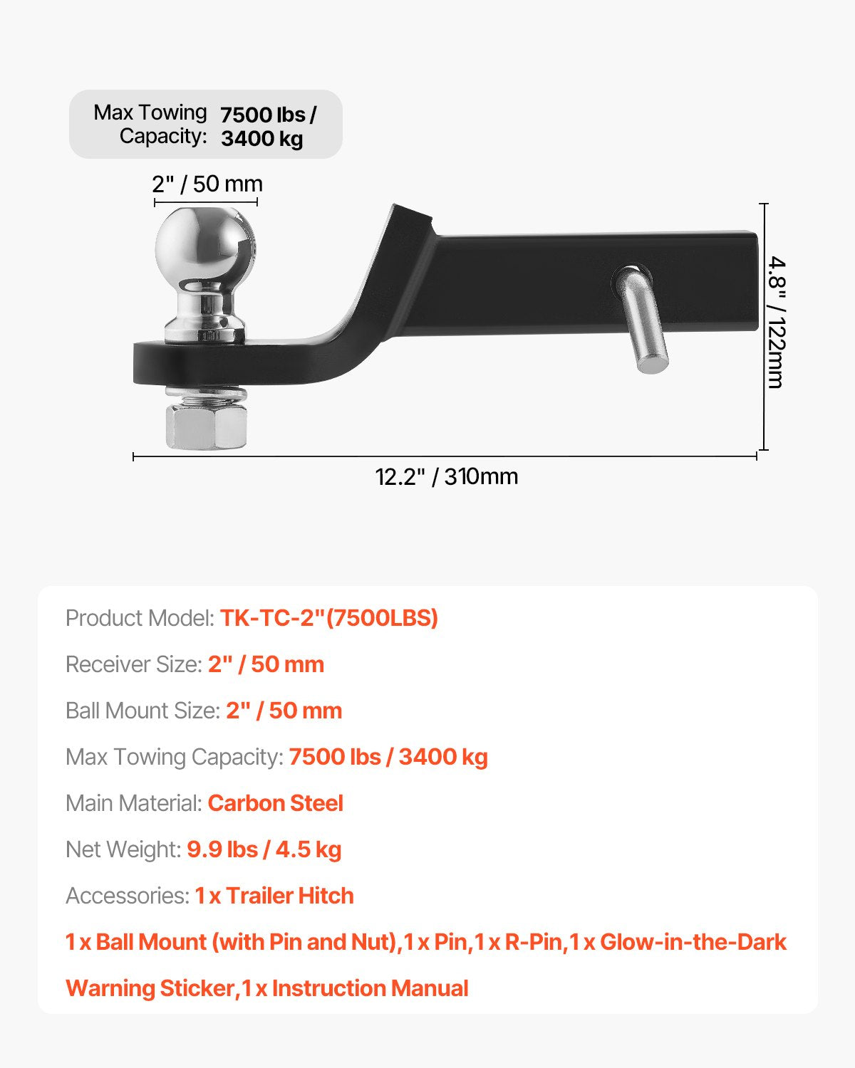VEVOR Trailer Hitch 50mm Receiver 50mm Drop Trailer Hitch Ball Mount 3400 kg