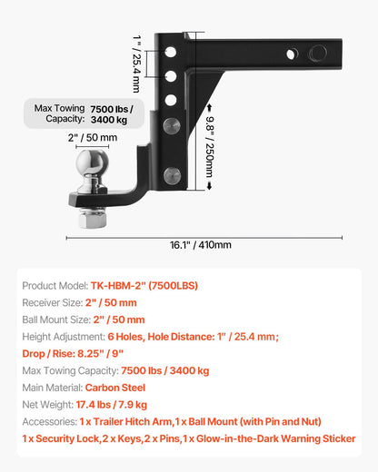 VEVOR Adjustable Trailer Hitch 50mm Receiver 23.9cm Drop Ball Mount Hitch 3400kg