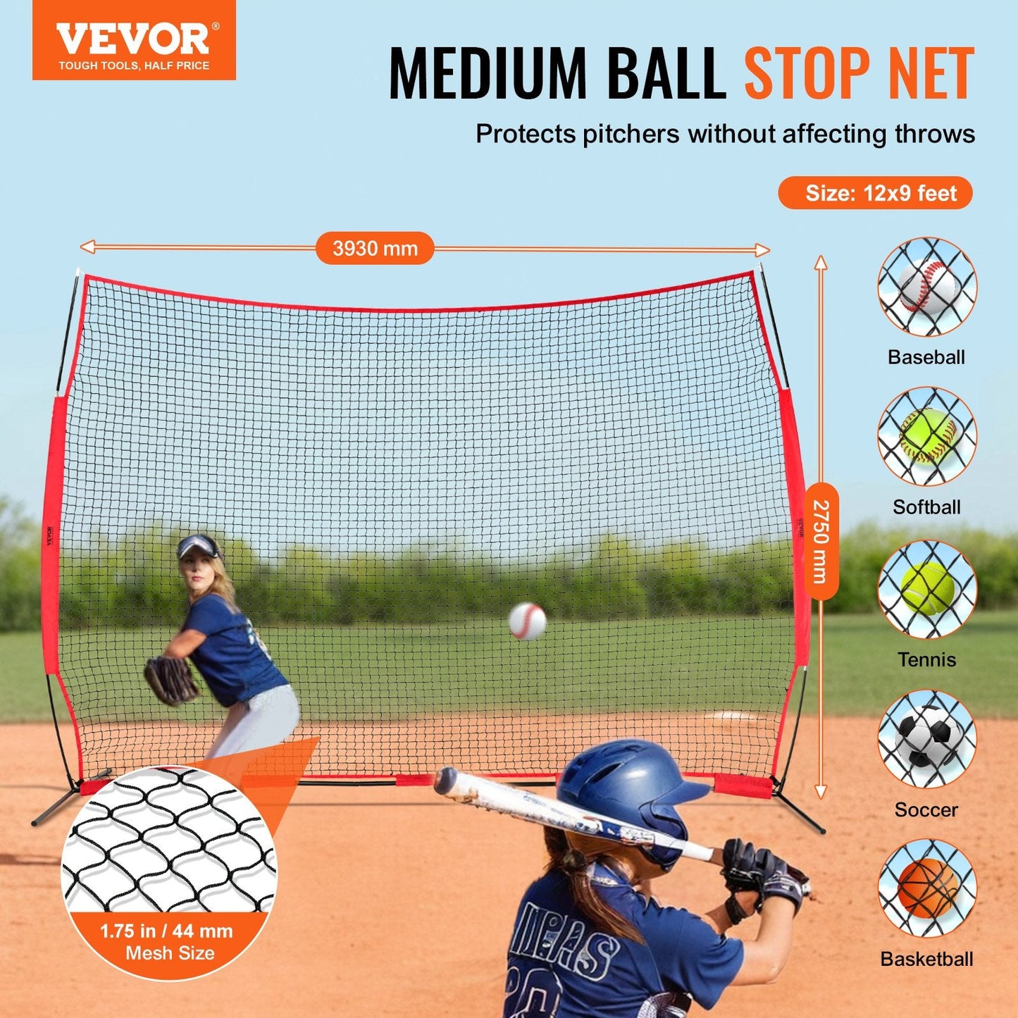 Portable Sports Backstop Net, 3.66x2.74m Barrier for Training & Practice