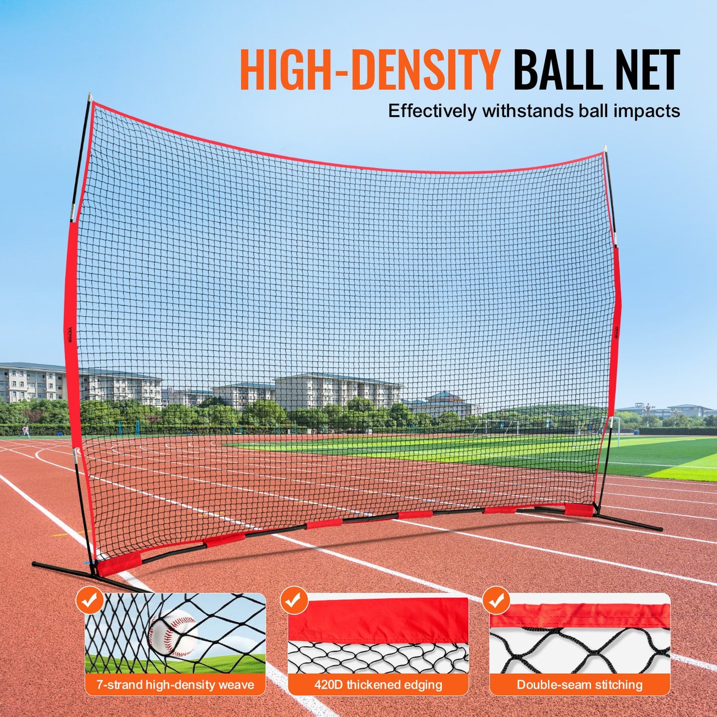 VEVOR Barricade Backstop Net, 16x10 ft Ball Sports Barrier Netting, Portable Practice